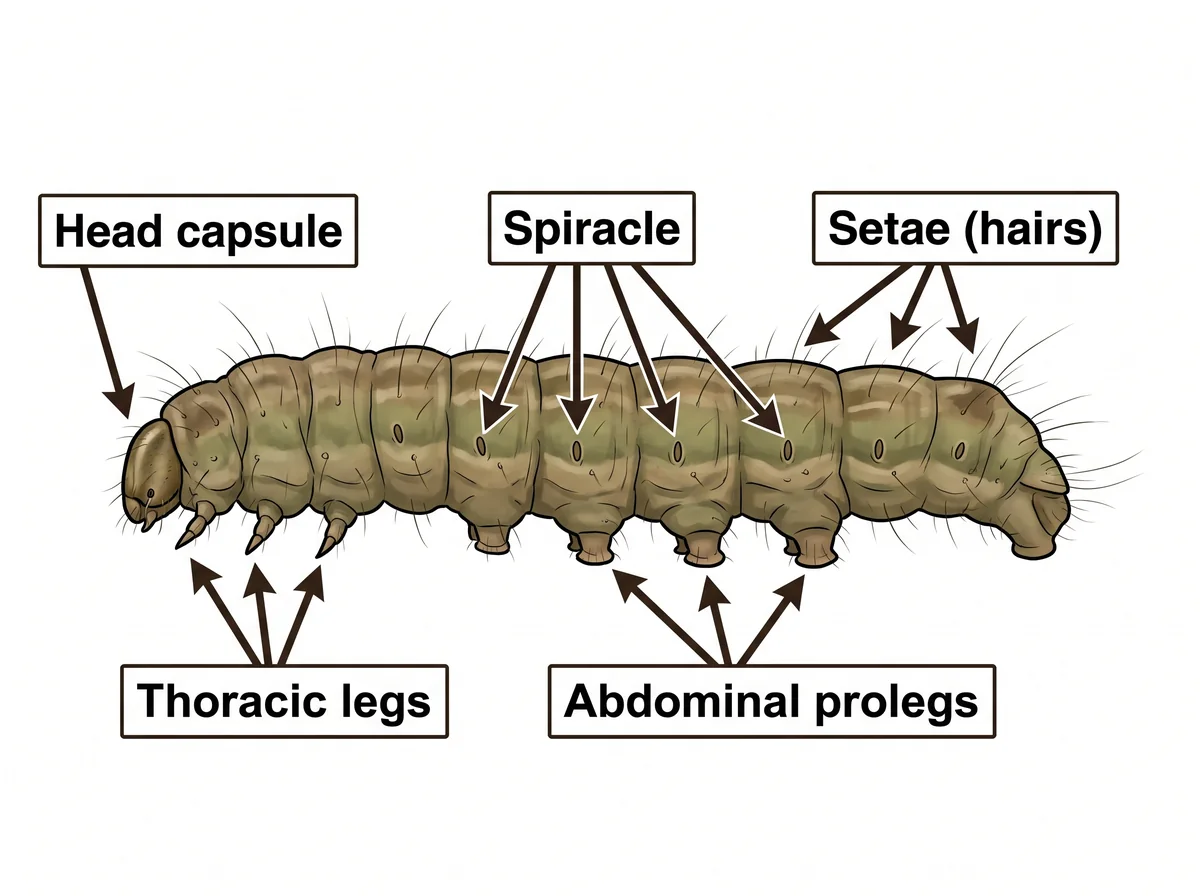 Labeled diagram of moth caterpillar anatomy pointing to head, legs, prolegs, spiracles, and body hairs